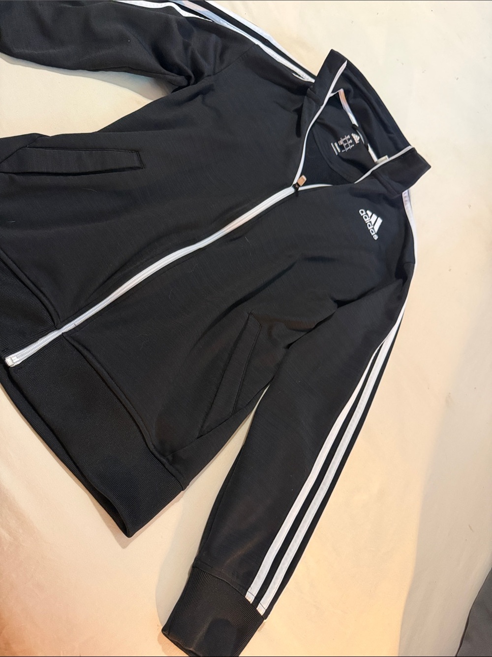 Adidas Black Track Jacket with White Stripes - Women’s Medium